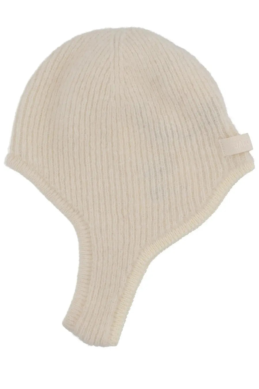 Jacquemus men’s cream-colored ribbed knit beanie with ear flaps in white designed for warmth and style