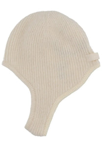 Jacquemus men’s cream-colored ribbed knit beanie with ear flaps in white designed for warmth and style