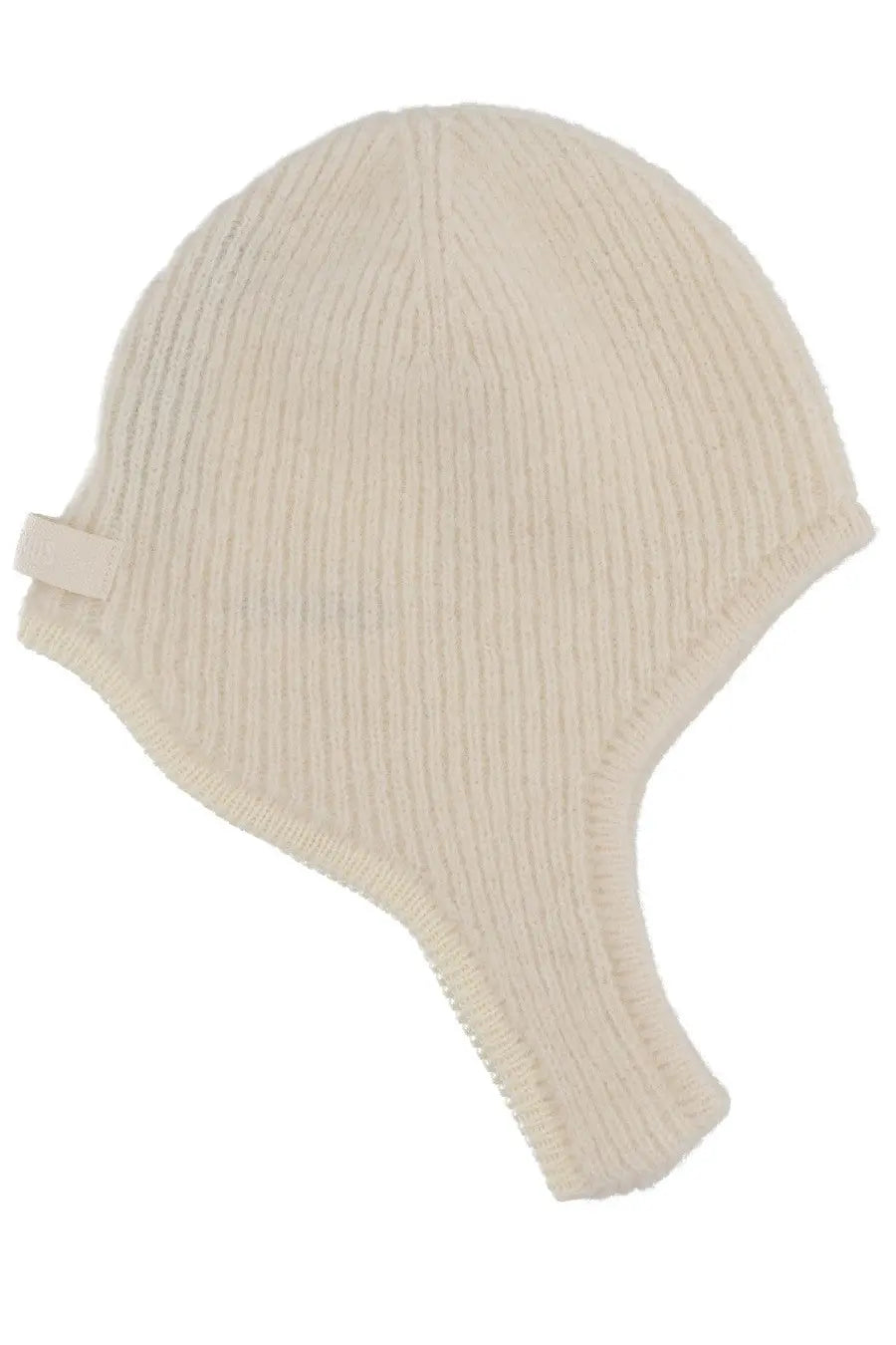 Cream-colored ribbed knit beanie with ear flaps by jacquemus featuring the gross grain cap design in white