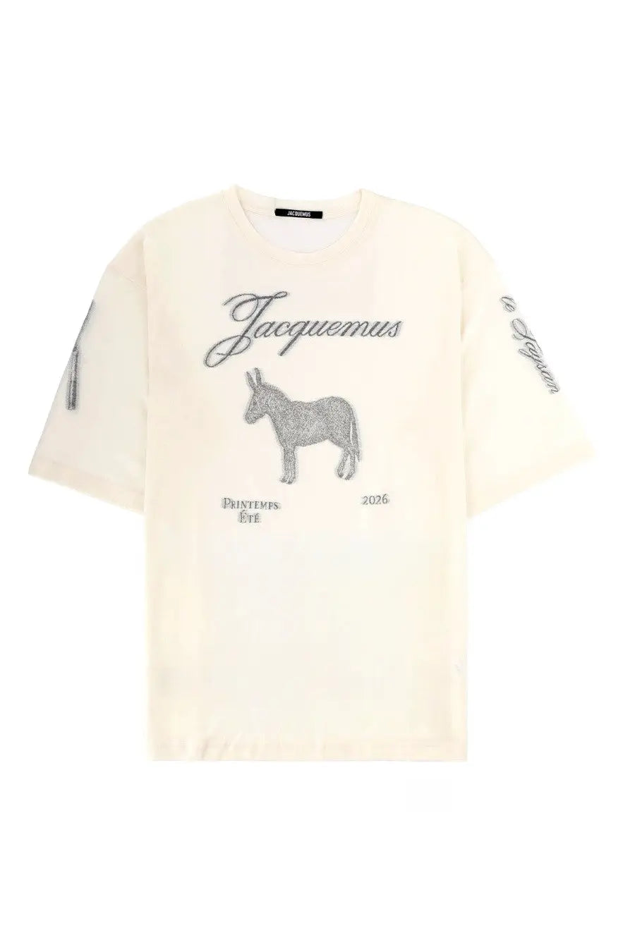 Cream-colored jacquemus men’s le ane mc shirt with gray embroidered donkey graphic and printemps été 2026 text