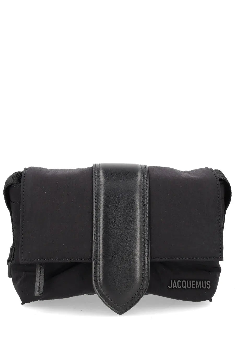 Jacquemus men’s le bambino crossbody bag in black with sleek nylon body and contrasting leather flap