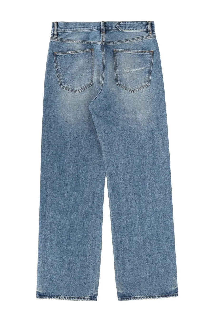 Jacquemus men’s light-wash denim jeans in blue with a relaxed straight-leg cut and subtle thigh fading