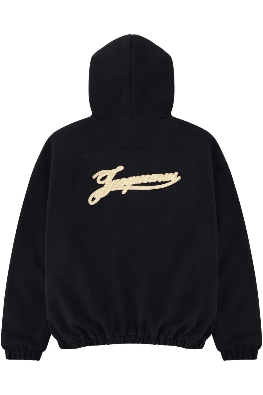 Back view of jacquemus men’s blue le hoodie tournament sweatshirt with black hood and cream embroidered logo