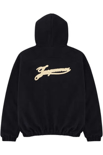 Back view of jacquemus men’s blue le hoodie tournament sweatshirt with black hood and cream embroidered logo