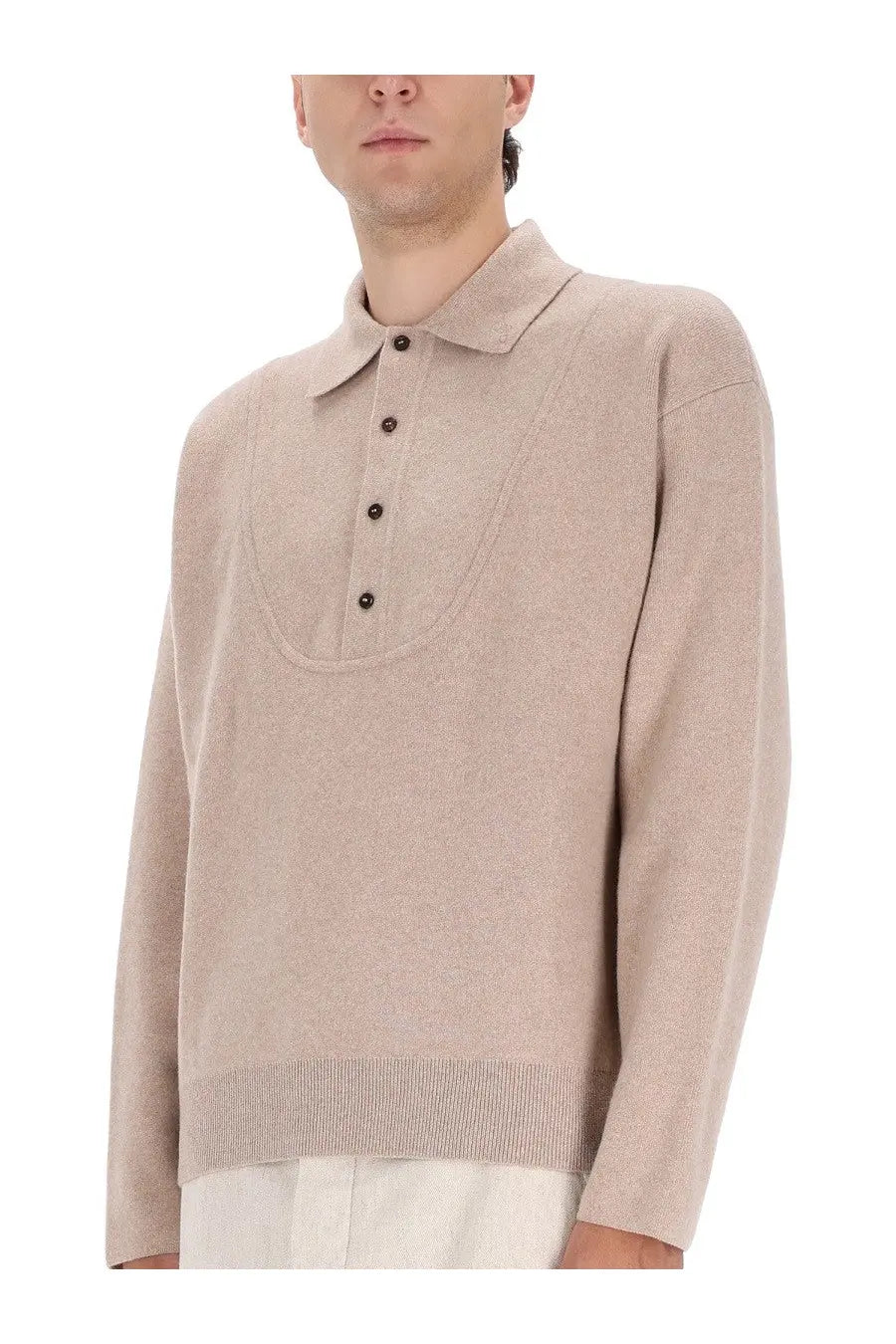 Jacquemus men’s le pallone jersey beige knit polo shirt with subtle textured weave and dark brown buttons