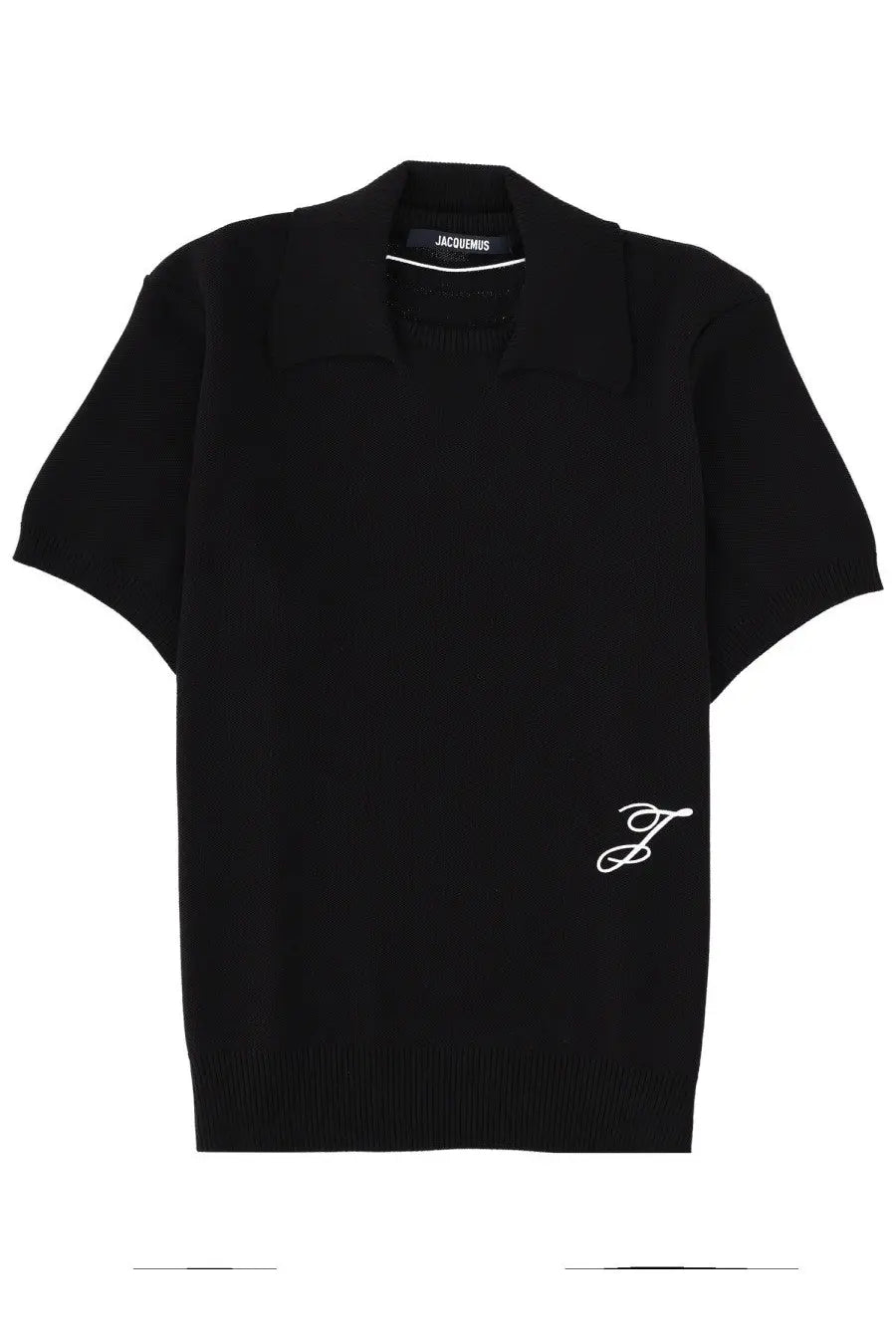 Jacquemus men’s le polo maille black short-sleeved knit polo shirt with white embroidered j logo and branded collar label