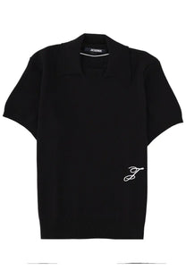 Jacquemus men’s le polo maille black short-sleeved knit polo shirt with white embroidered j logo and branded collar label
