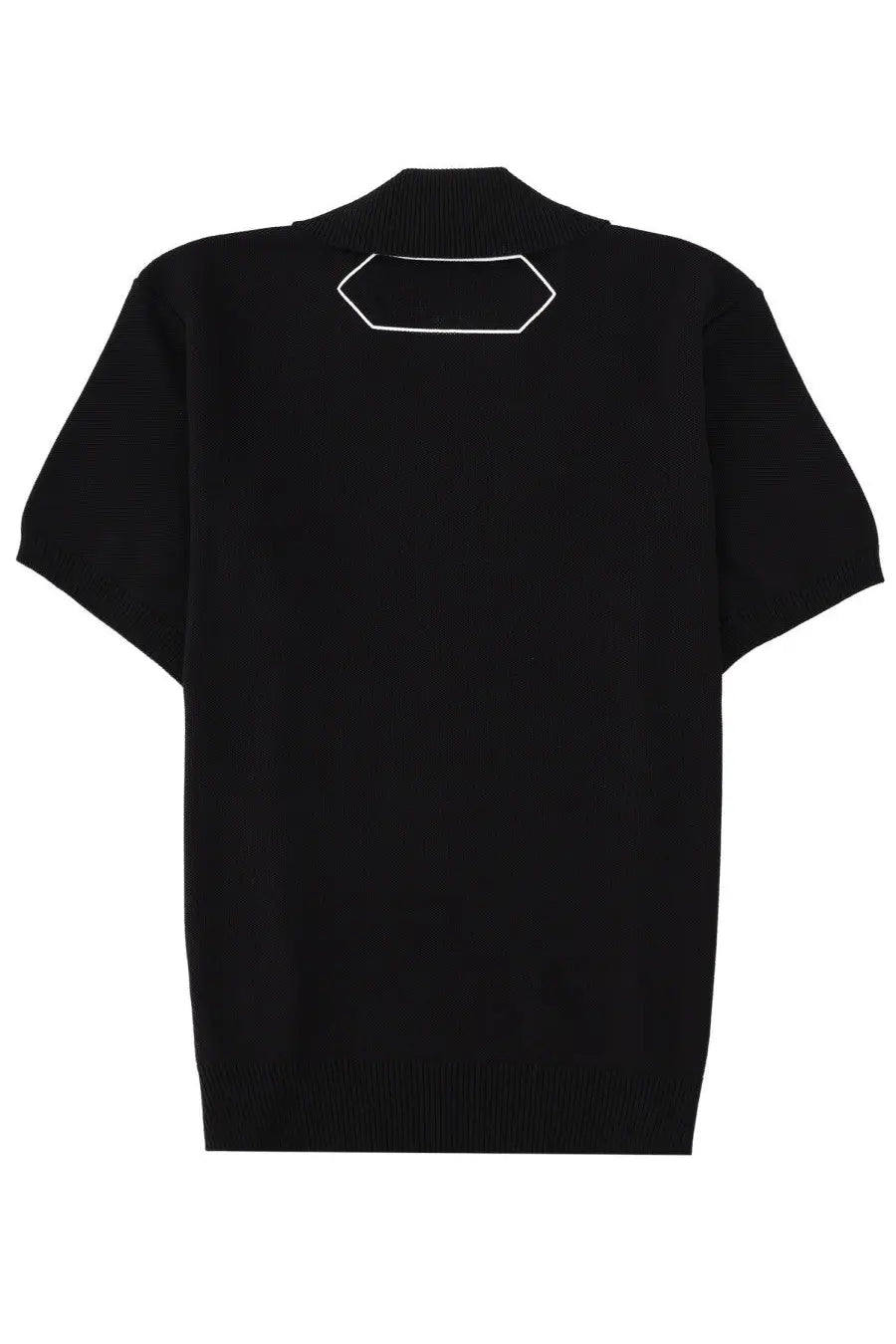 Back side of jacquemus men’s black short-sleeved knit sweater with white outlined hexagonal patch at neckline