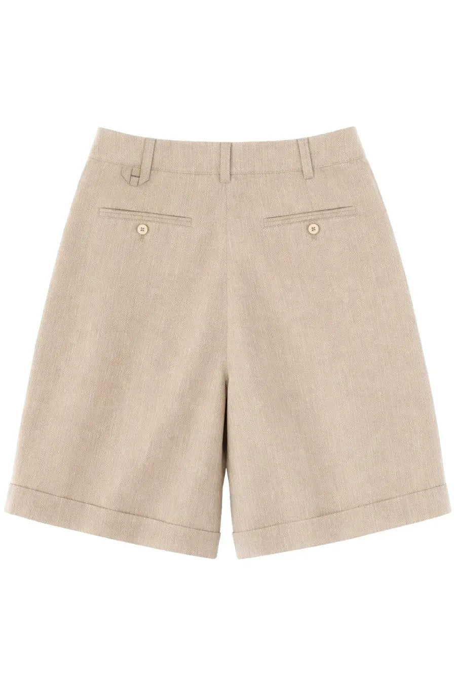 Beige linen jacquemus men’s le shorts pastro with rolled cuffs and buttoned back pockets shown from the back side