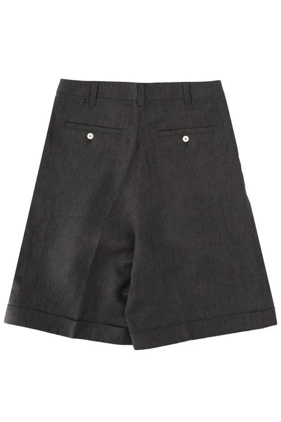 Jacquemus men’s le shorts pastro grey in dark gray textured fabric with subtle stripes and buttoned back pockets shown from back side