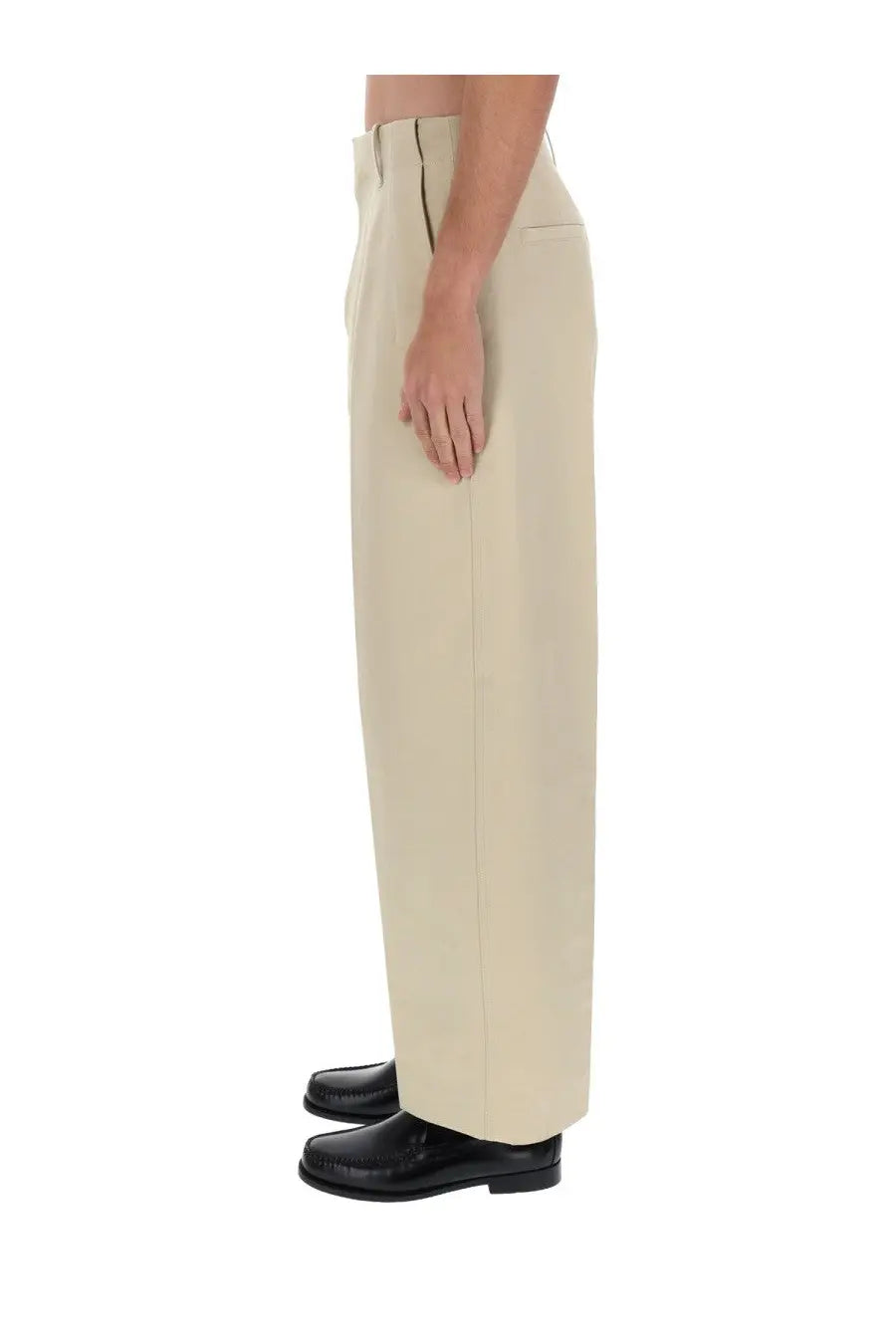 Jacquemus men’s beige wide-leg trousers with clean tailored fit and subtle front seam detailing
