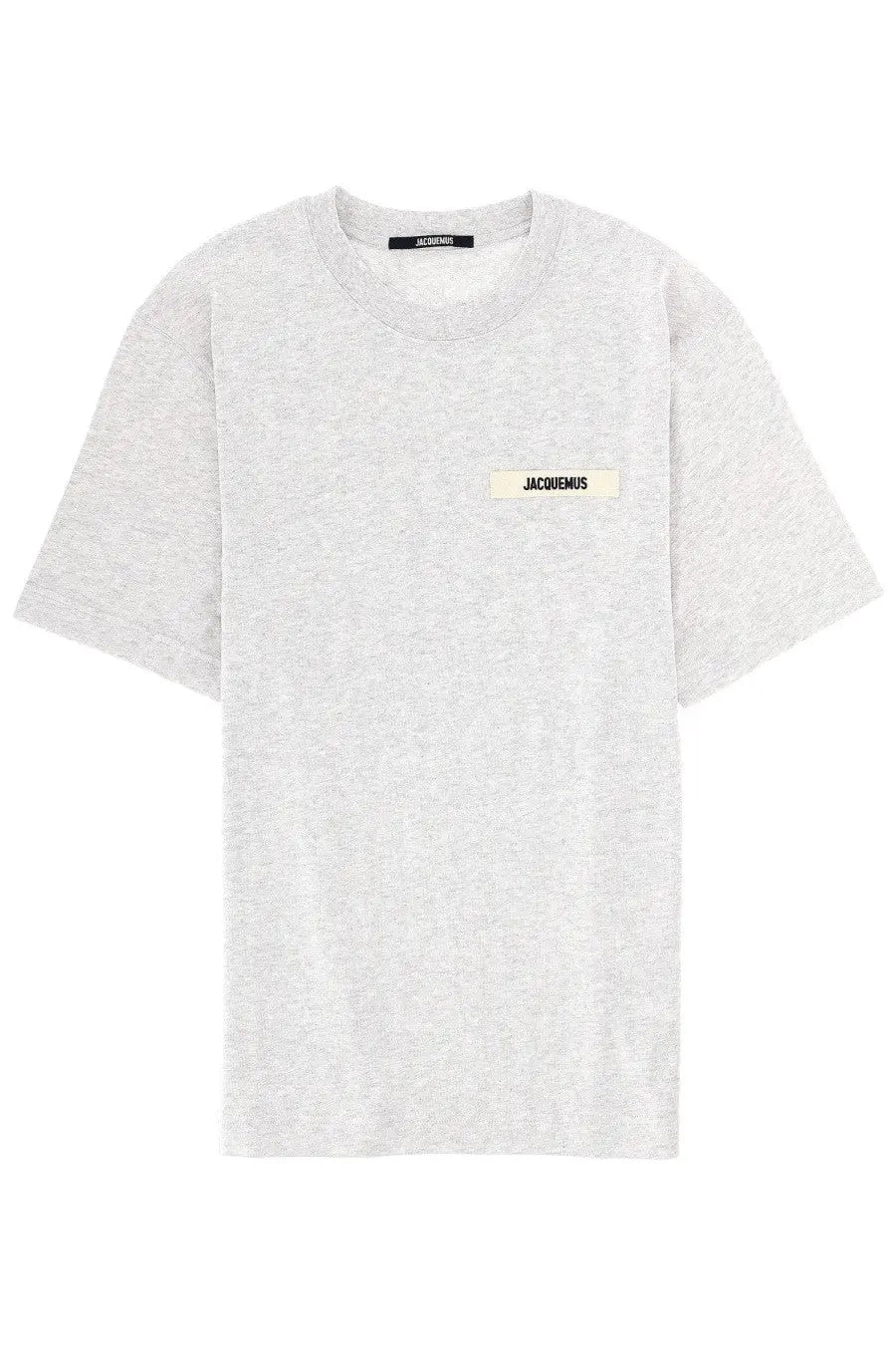 A heather gray jacquemus men’s short-sleeved shirt with a cream label stitched on the left chest