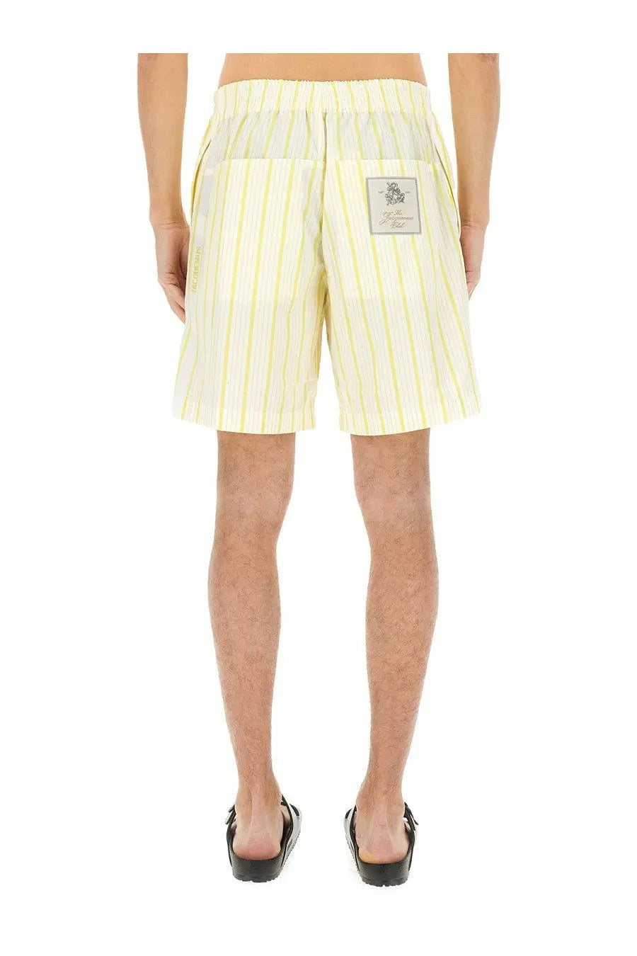 Jacquemus men’s short aloe beige cotton shorts with light yellow and white vertical stripes and drawstring waistband