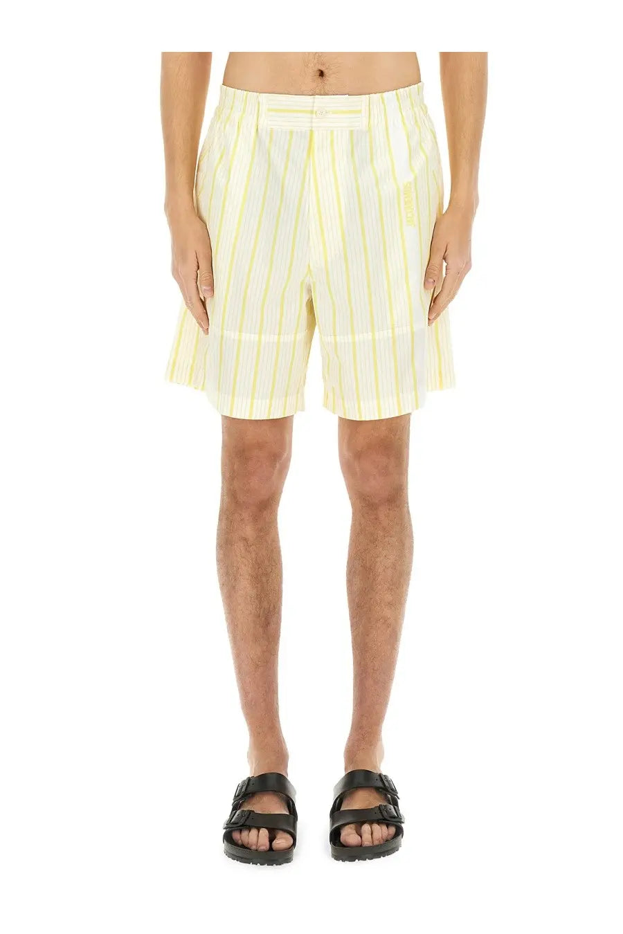 Jacquemus men’s short aloe beige with light yellow and white vertical stripes and a relaxed fit