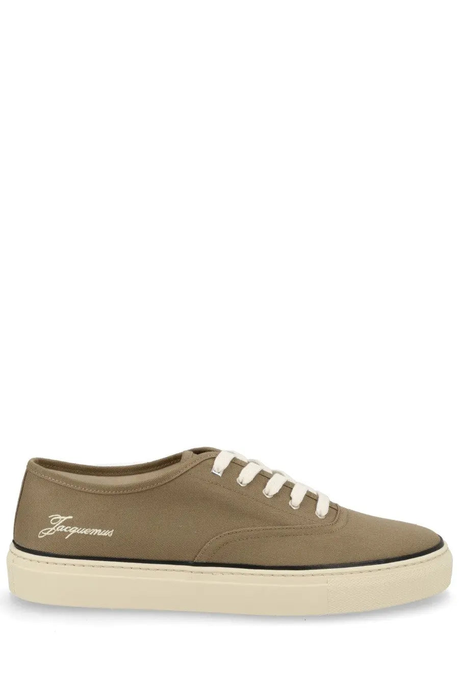 Jacquemus men’s olive green canvas low-top sneaker with white laces cream rubber sole and gold logo embroidery