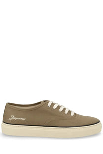 Jacquemus men’s olive green canvas low-top sneaker with white laces cream rubber sole and gold logo embroidery