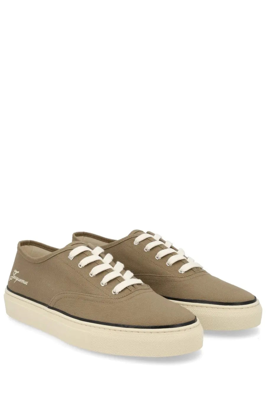 Jacquemus men’s sneaker É É brown olive green canvas low-top with cream laces and thick off-white rubber sole