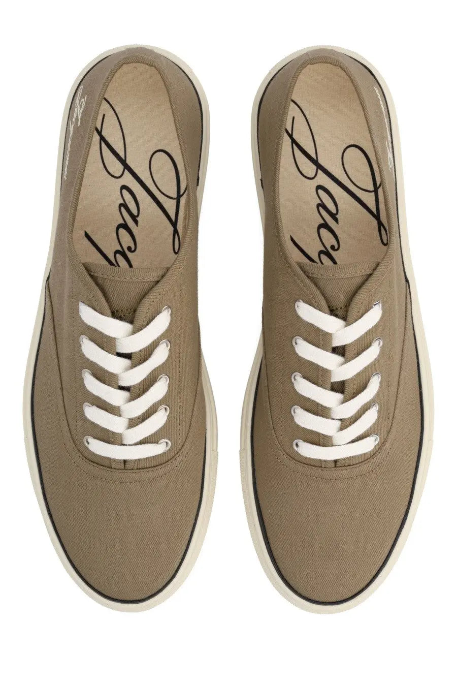 Jacquemus men’s olive green canvas sneaker with white laces and cream rubber sole in brown style
