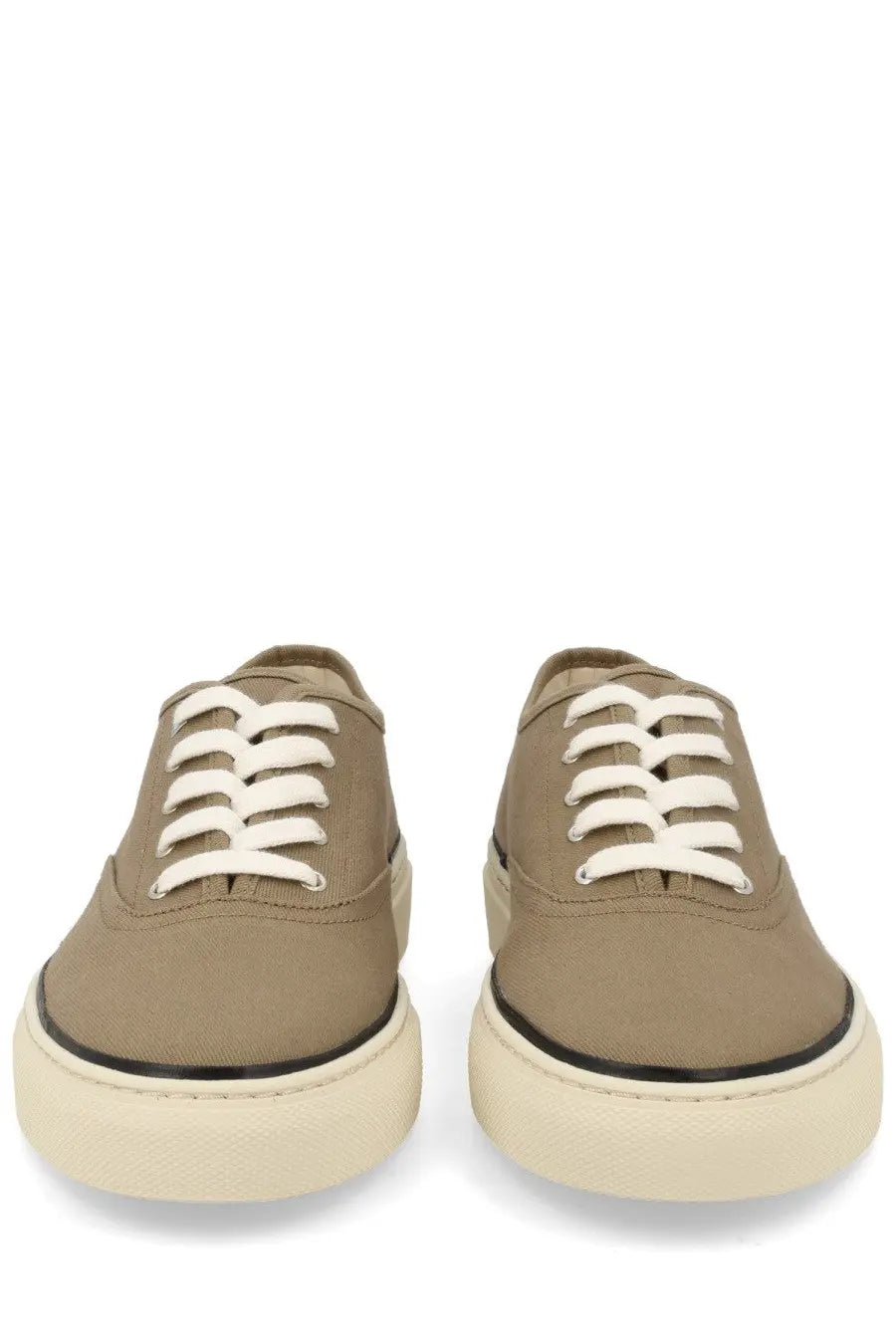 Jacquemus men’s sneaker é é brown tan canvas low-top sneaker with white laces and cream rubber sole