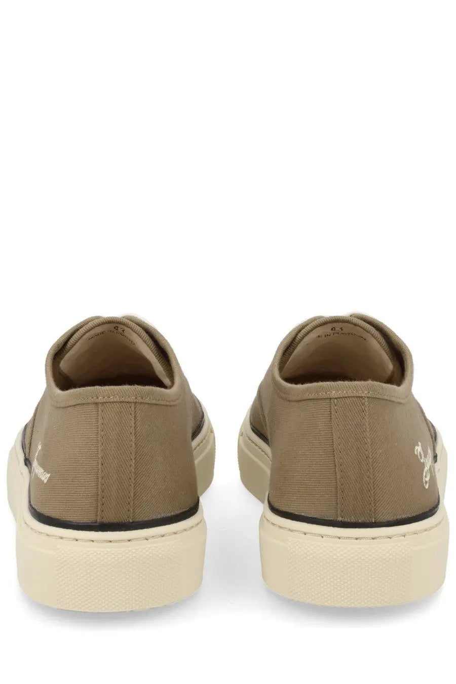 Jacquemus men’s sneaker é é brown tan canvas slip-on with cream rubber sole and black stitching details