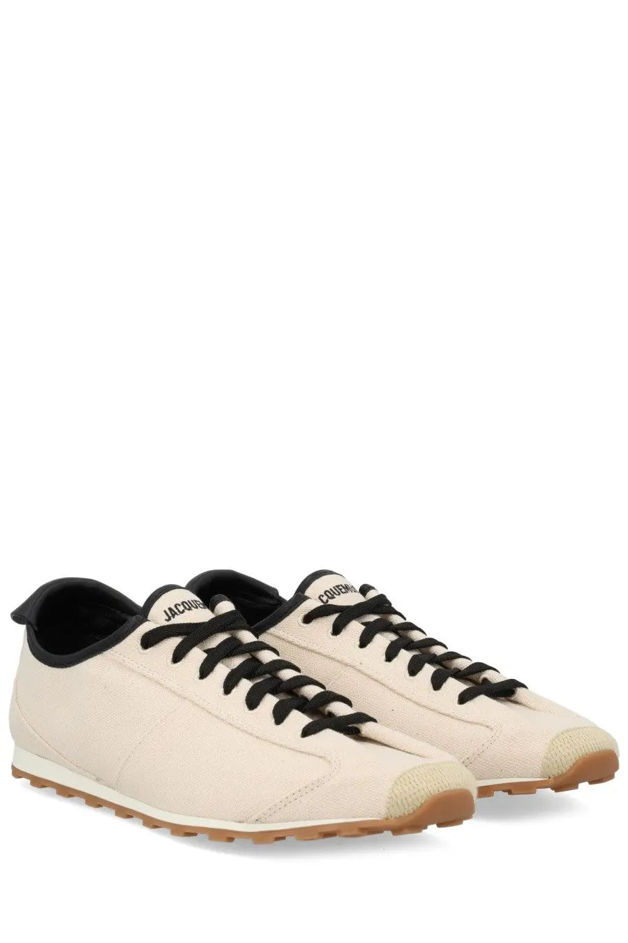 JACQUEMUS men’s sneaker Les Tennis white cream canvas with black laces tan rubber sole and jacques brand tongue