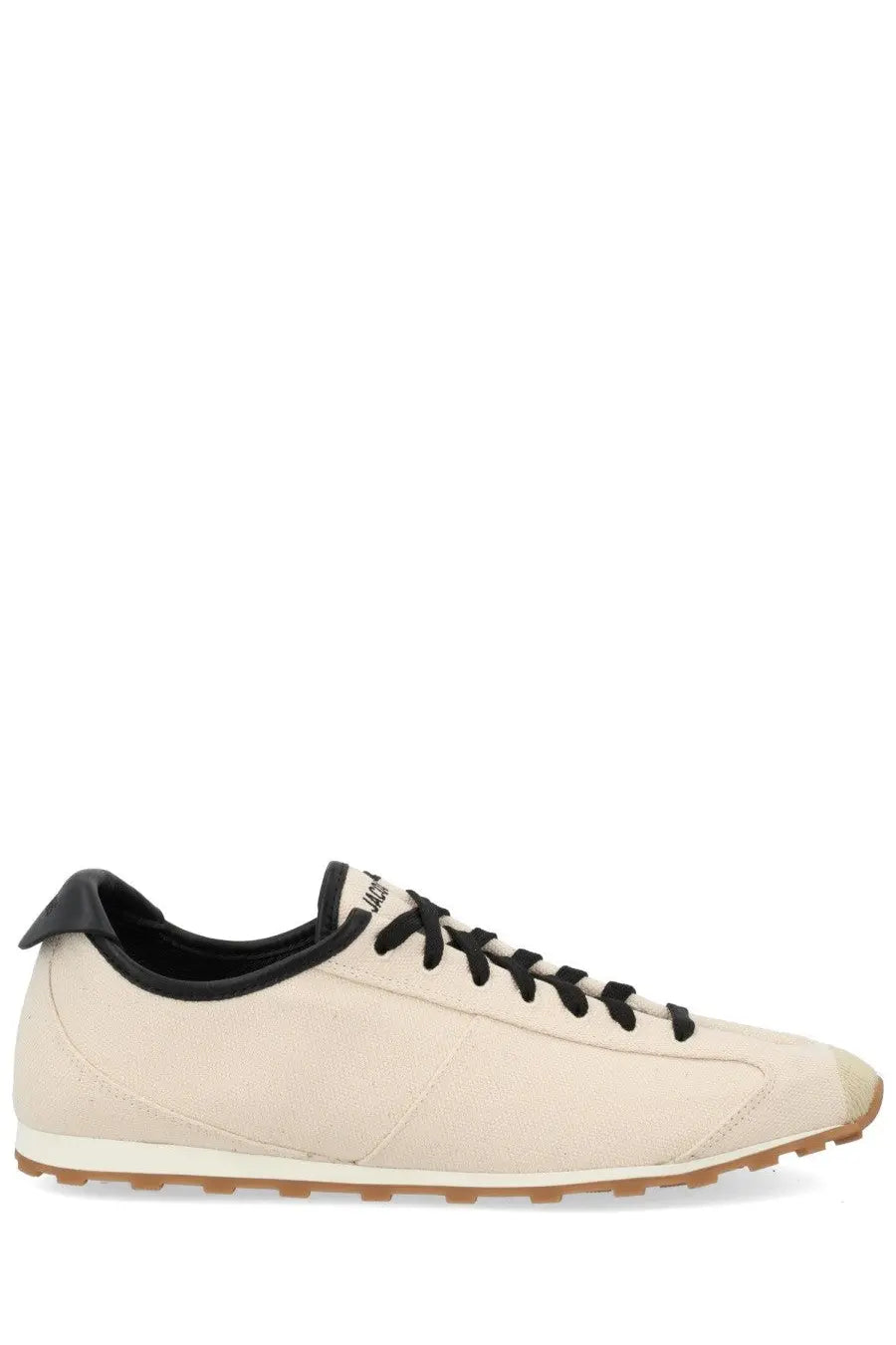 Jacquemus men’s sneaker les tennis white cream canvas sneaker with black laces tongue and heel tab front view