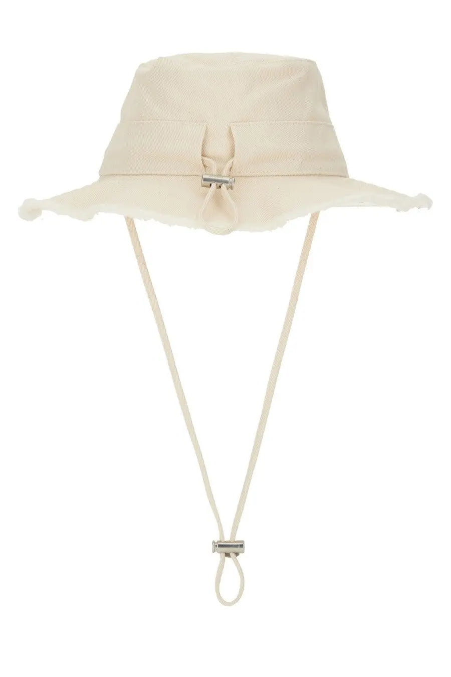 Cream-colored jacquemus unisex bucket hat with frayed brim and adjustable drawstring in cappello artichaut white