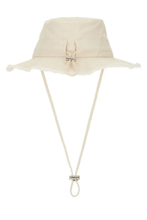 Cream-colored jacquemus unisex bucket hat with frayed brim and adjustable drawstring in cappello artichaut white