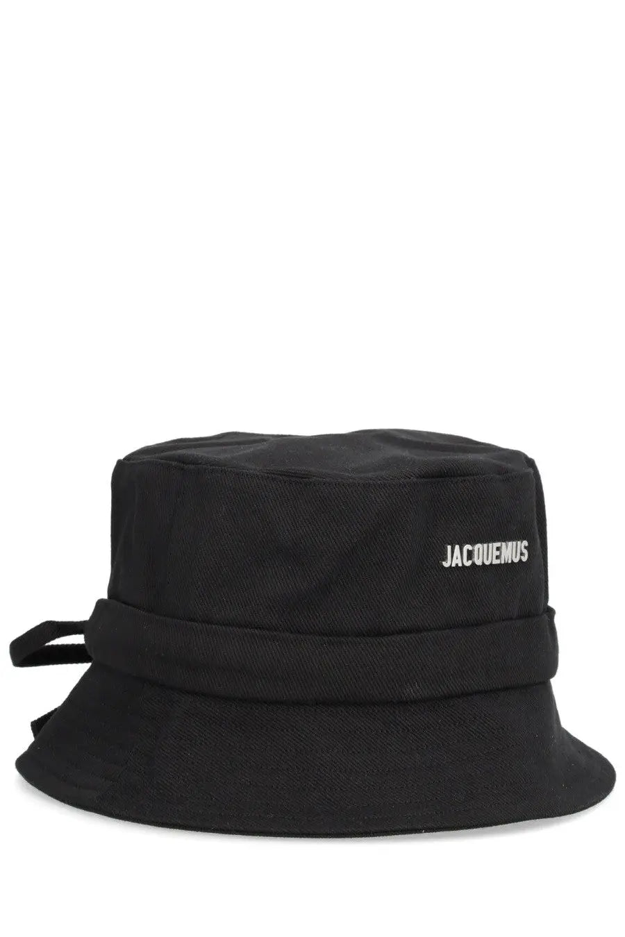 Black canvas bucket hat with white jacquemus embroidery on the front for unisex casual wear