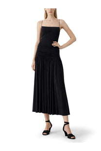 Jacquemus women’s Abiha long dress black pleated midi dress with thin spaghetti straps and fitted bodice