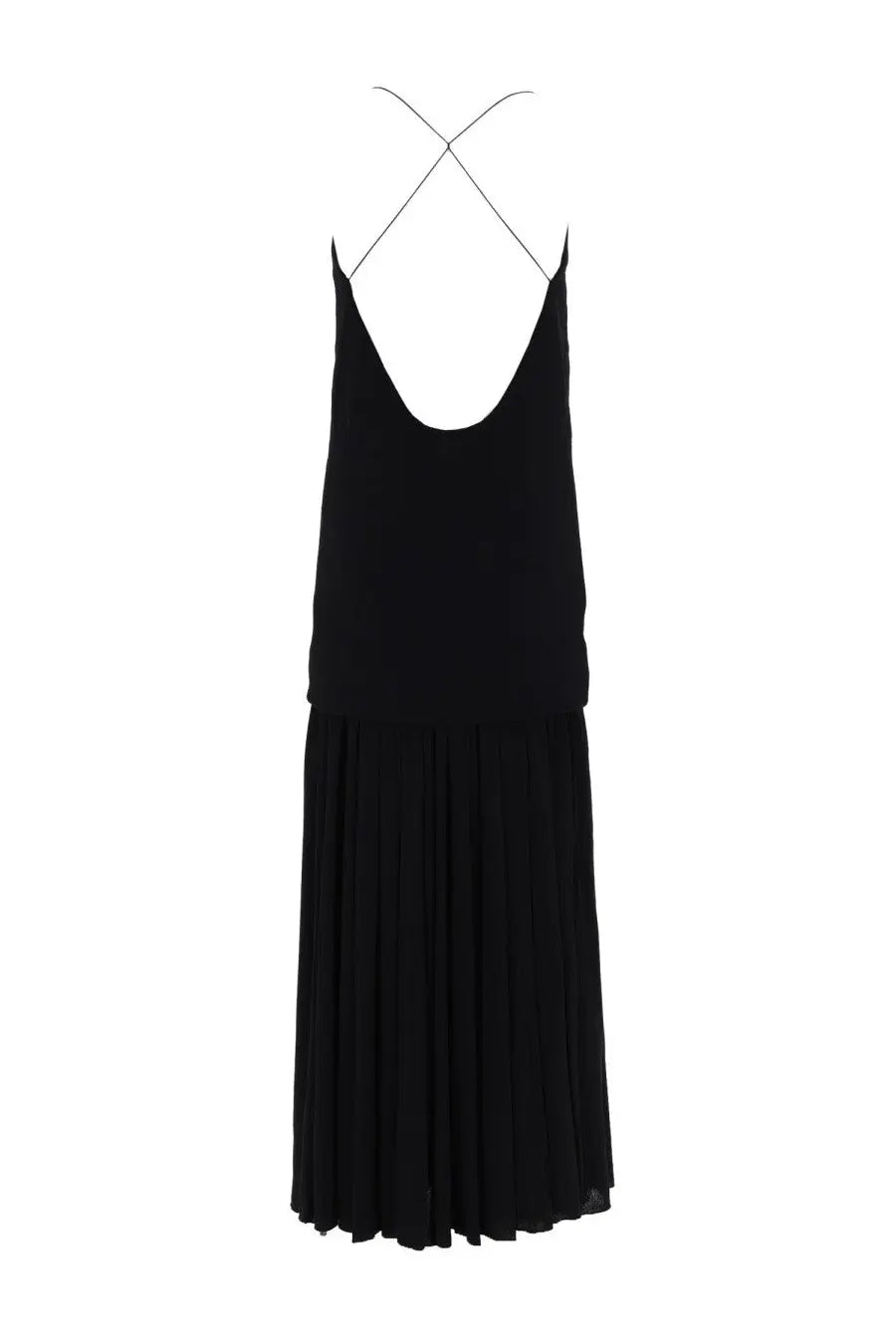 Black sleeveless jacquemus abiha long dress with cross-back design and pleated skirt shown from the back side