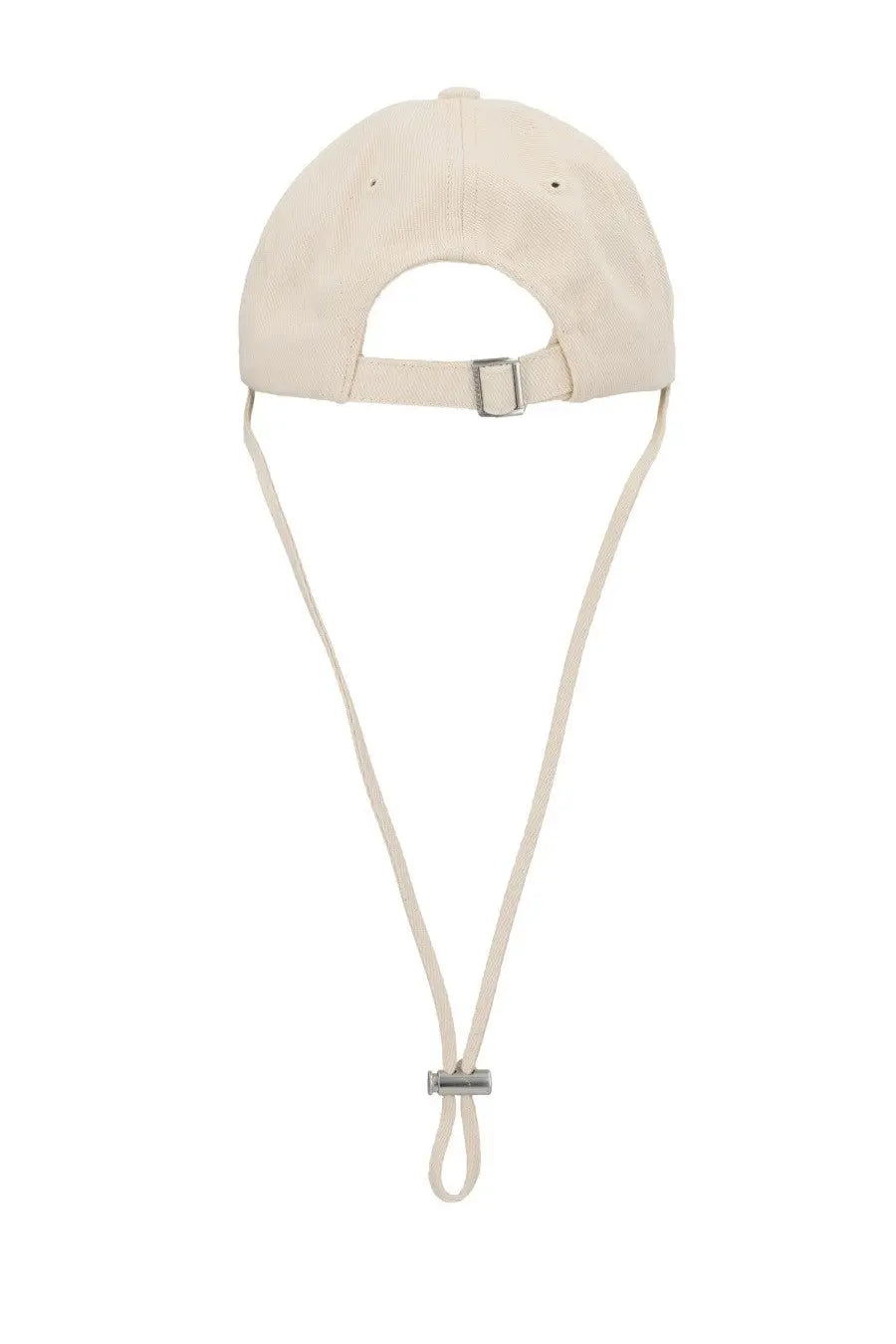 Beige cotton jacquemus women’s artichaut baseball cap with adjustable strap and metal buckle shown from the back side