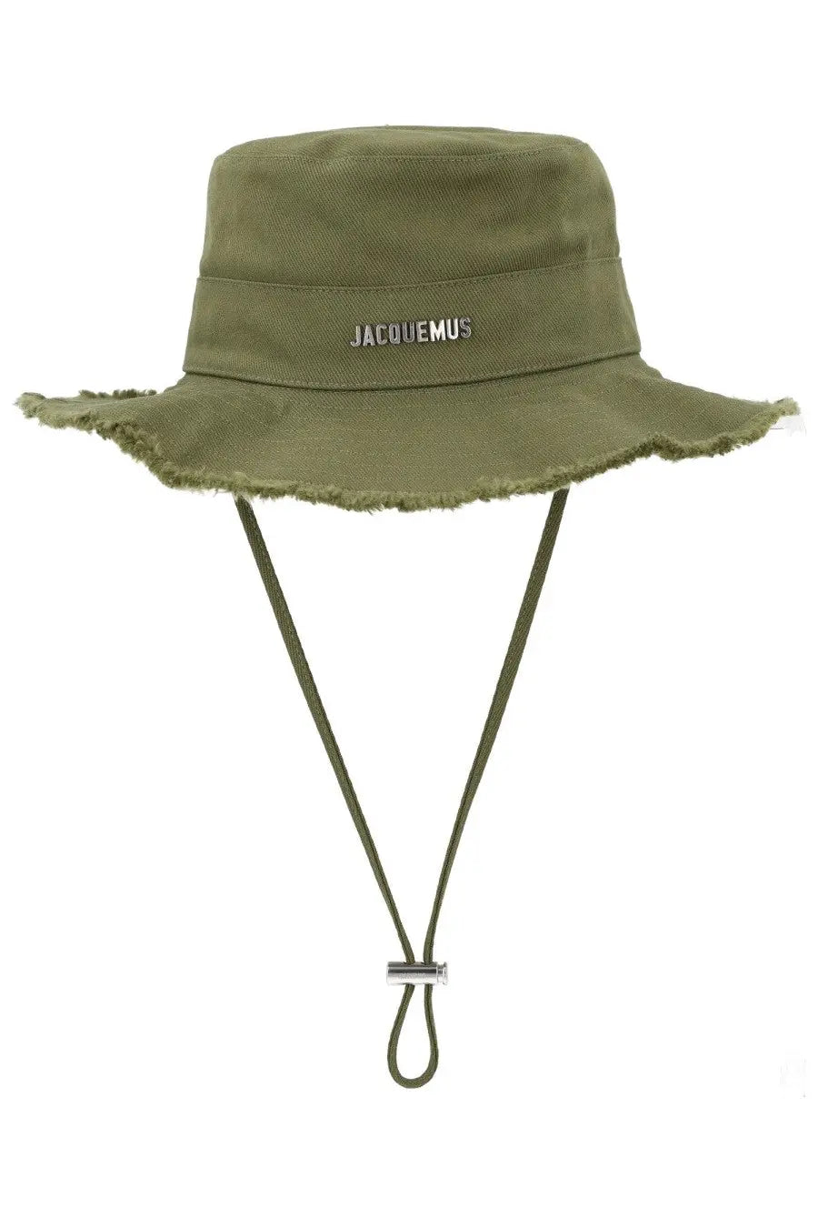 JACQUEMUS women’s artichaut olive green canvas bucket hat with frayed brim and silver logo band