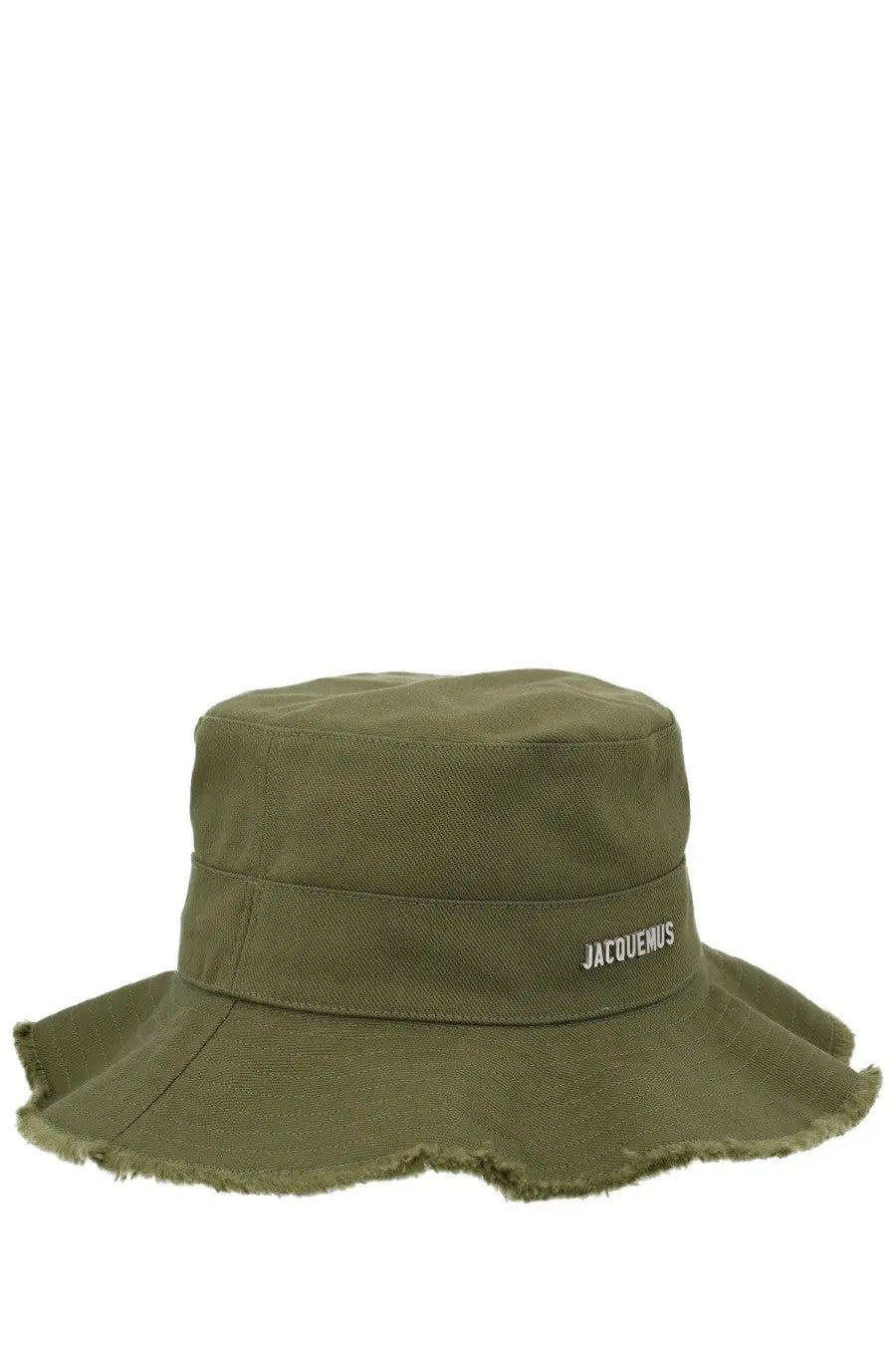 Jacquemus women’s olive green canvas bucket hat with frayed brim and white embroidered logo on the band