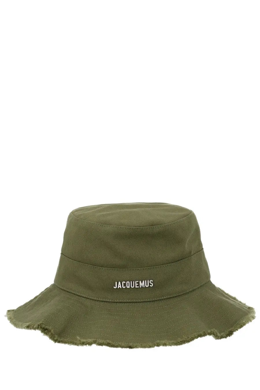 Olive green canvas bucket hat with frayed brim and white embroidered jacquemus logo band from jacquemus women’s artichaut collection