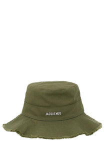 Olive green canvas bucket hat with frayed brim and white embroidered jacquemus logo band from jacquemus women’s artichaut collection