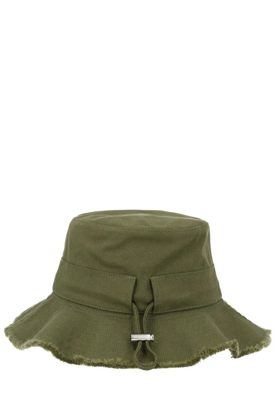 Olive green canvas bucket hat with frayed brim and silver metal toggle by jacquemus womens artichaut brown
