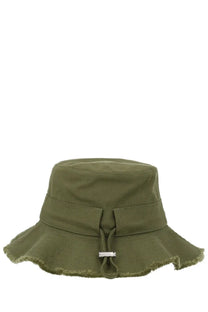 Olive green canvas bucket hat with frayed brim and silver metal toggle by jacquemus womens artichaut brown