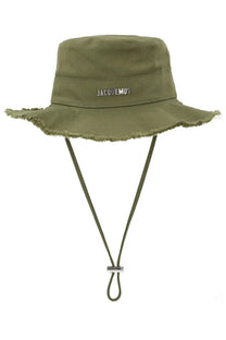 Jacquemus women’s artichaut olive green canvas bucket hat with frayed brim and silver jacquemus logo band