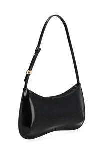 Jacquemus women’s bag bisou black glossy patent leather shoulder bag with sleek curved design and gold-tone hardware