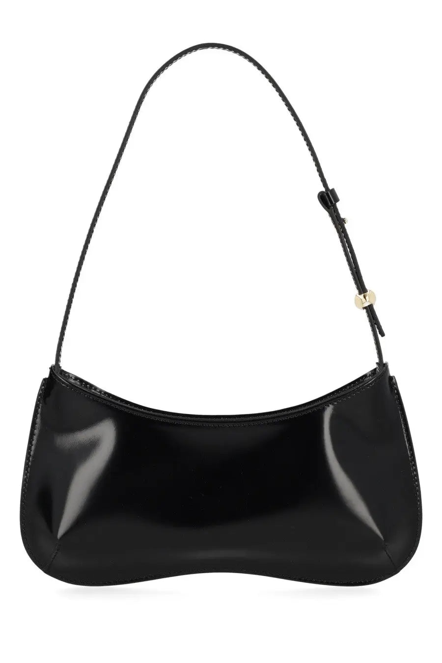 Jacquemus women’s bisou bag in black patent leather with sleek curved design and gold-tone hardware shoulder strap