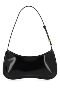 Jacquemus women’s bisou bag in black patent leather with sleek curved design and gold-tone hardware shoulder strap