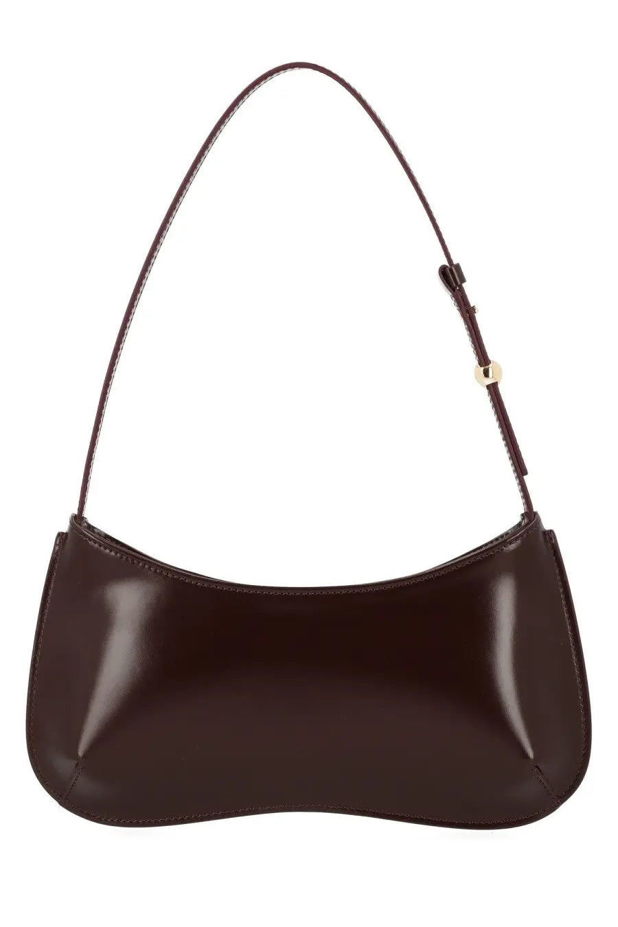 Jacquemus women’s bag bisou red sleek glossy dark brown leather shoulder bag with curved silhouette and slender strap