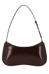 Jacquemus women’s bag bisou red sleek glossy dark brown leather shoulder bag with curved silhouette and slender strap