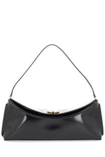 Jacquemus women’s bag ovalo black is a black patent leather handbag with a sleek curved design and gold-tone hardware