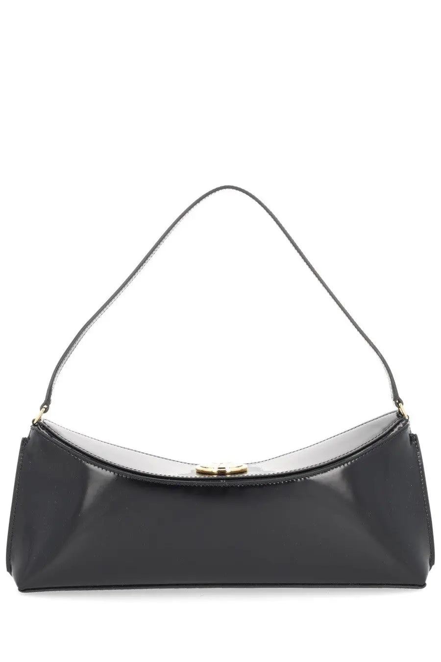 Jacquemus women’s bag Ovalo black patent leather handbag with sleek curved design and gold-tone clasp