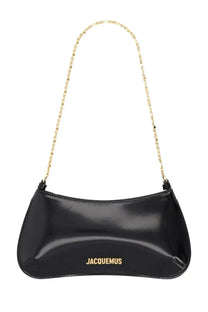 Jacquemus women’s borsa bisou chaine small black glossy leather shoulder bag with gold-tone chain strap and logo