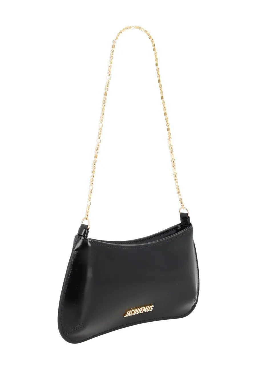 Black patent leather jacquemus borsa bisou chaine small shoulder bag with gold-tone chain strap and embossed logo