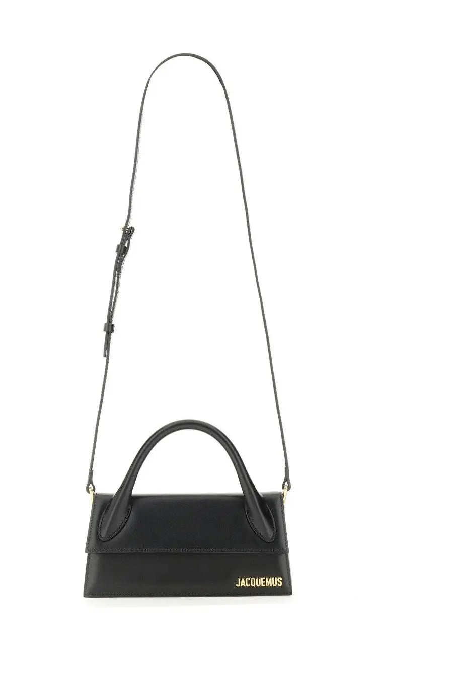 Black leather jacquemus borsa le chiquito long handbag with gold-tone branding on the front