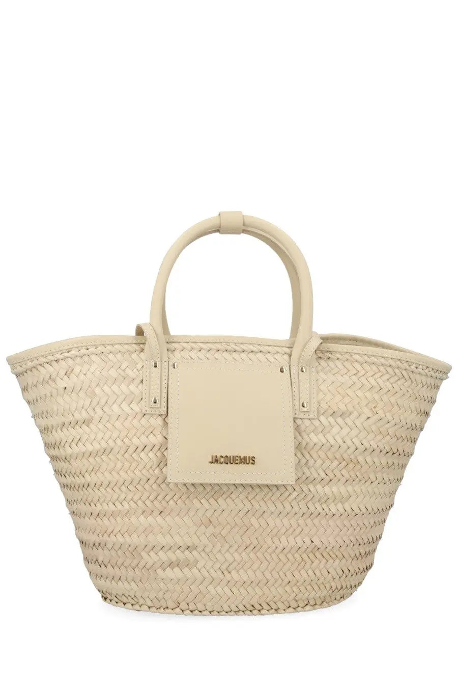 Beige woven straw tote bag with leather handles and jacquemus logo patch in jacquemus womens borsa soli beige